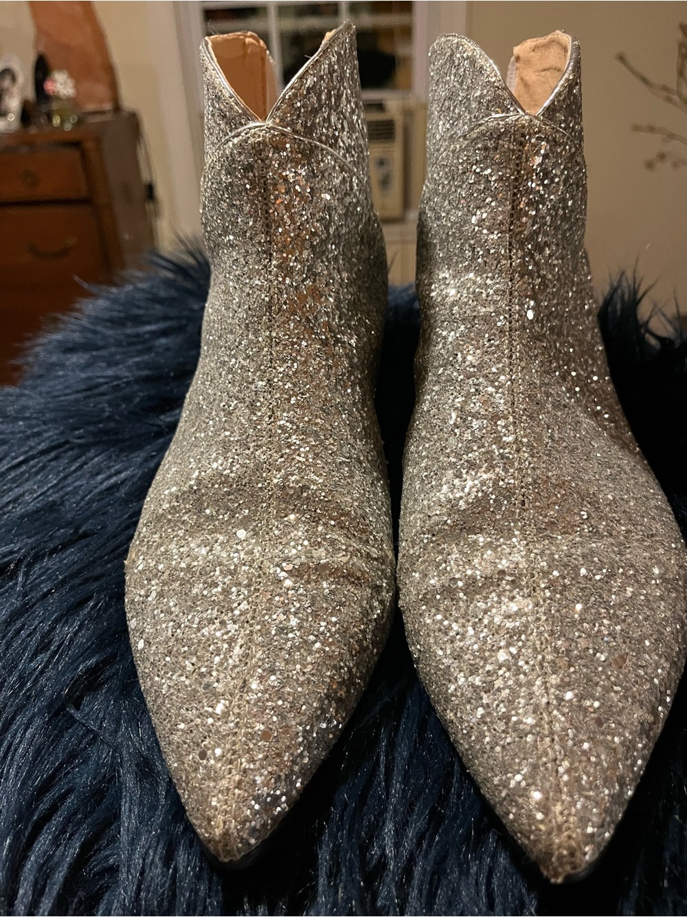 Sparkle Pointed Ankle Booties in Silver Glitter